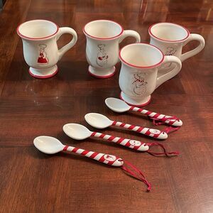 William Sonoma Snowman Ceramic Chef Mugs Cups with Candy Cane Stripe Spoons New